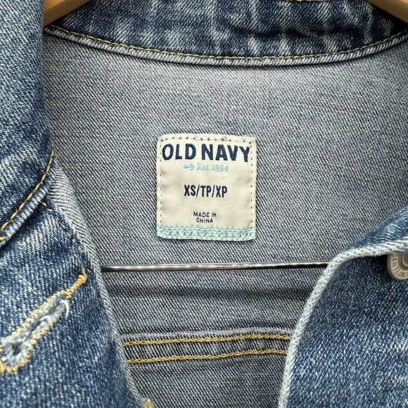 Old Navy Denim Trucker Jacket Size XS Blue Jean Dark Worn Wash Distressed Y2K - Picture 7 of 7